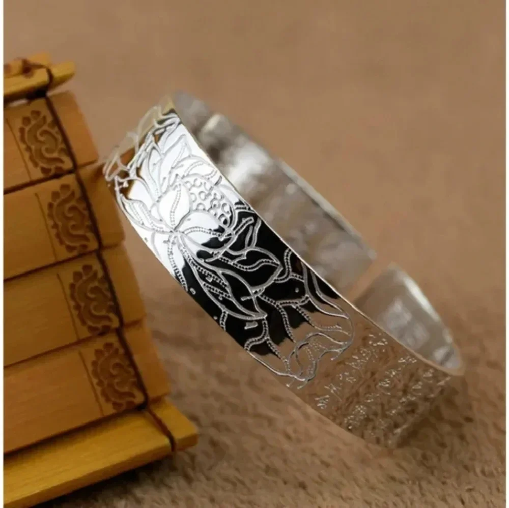 Unisex‎ Large S999 Thai Pure Silver Lotus Cuff Bracelet, Adjustable